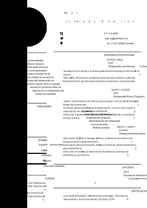 Plantilla de currículum de chef y ejemplos miCVideal