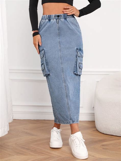 Saias Jeans Cintura Alta Bolso Com Aba Denim Skirt Denim Skirt Women High Waisted