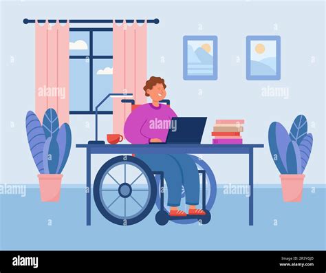 Disabled Man In Wheelchair Working At Computer At Home Stock Vector