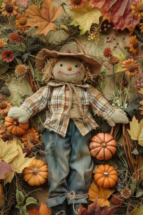 Vintage Flat Lay Arrangement With Pumpkin Patch And Scarecrow Stock