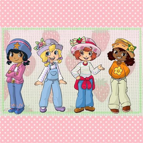 Three Cartoon Girls Standing Next To Each Other On A Pink And White