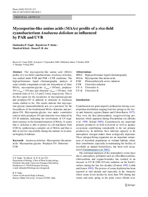 Pdf Mycosporine Like Amino Acids Maas Profile Of A Rice Field