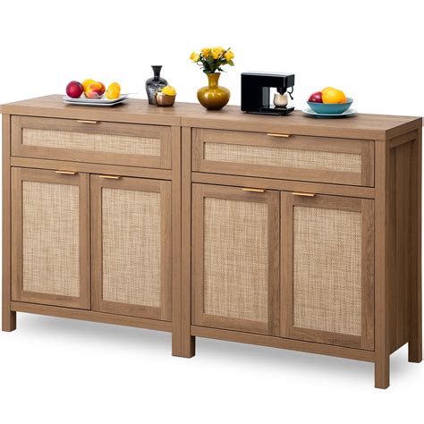 Sicotas Sideboard Buffet Cabinet Set Of 2 Rattan Storage Cabinet With Doors Accent Table