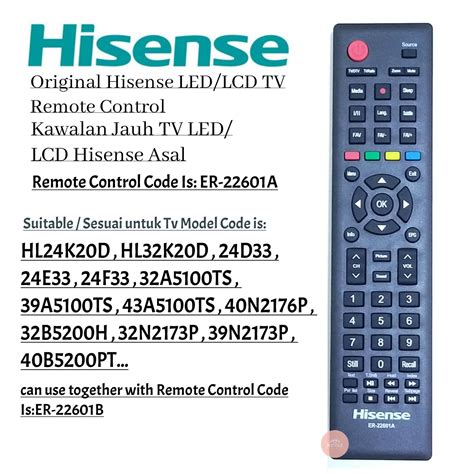 Hisense Flat Panel LED TV Remote Control ER 22601A Original Or