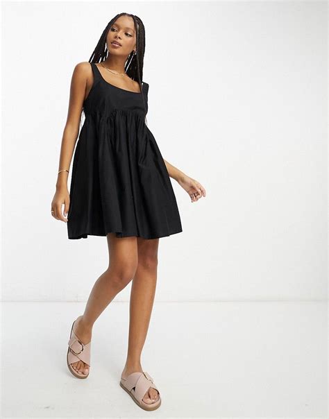 Asos Design Square Neck Mini Smock Sundress In Black Asos In 2023