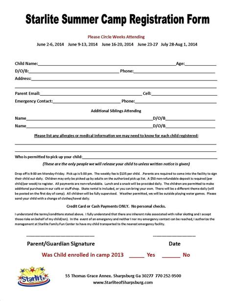 Free Printable Camp Registration Form Templates Hotel Within Camp