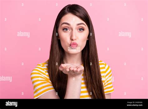 Photo Of Friendly Millennial Lady Blow Kiss Wear Orange T Shirt