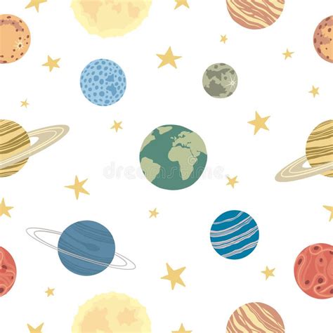 Vector Seamless Pattern Of The Planets Of The Solar System In Flat