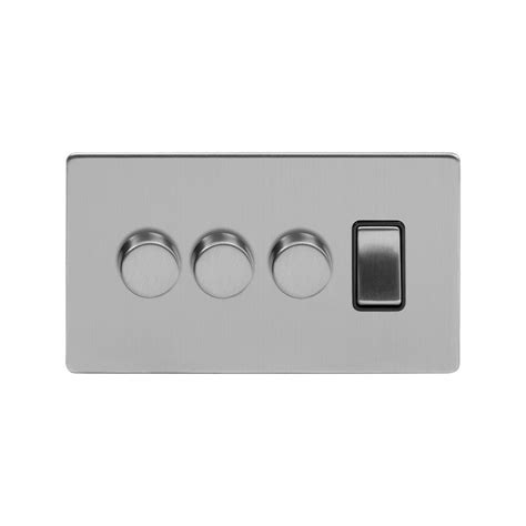 Brushed Chrome 4 Gang Switch With 3 Dimmers 3x150w Led Dimmer 1x20a Switch Elesi