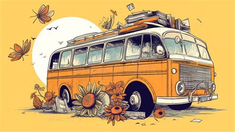 Retro Illustration Of 70s Style Van With Flowers And Butterflies In The