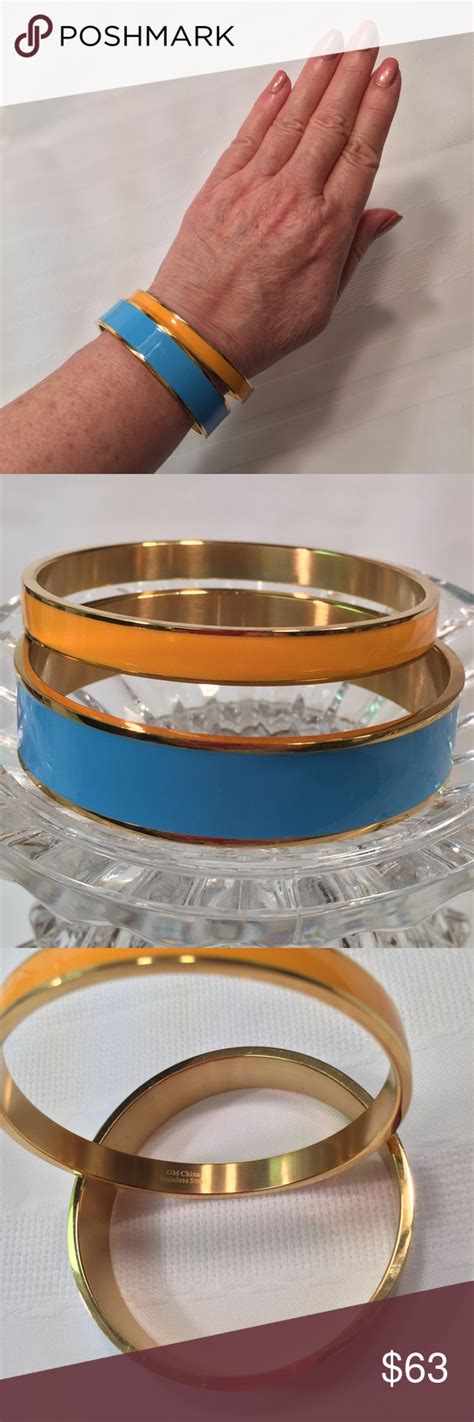 2 Enamel Gold Tone Bracelets LT Blue Orange 2 Enamel Gold Tone