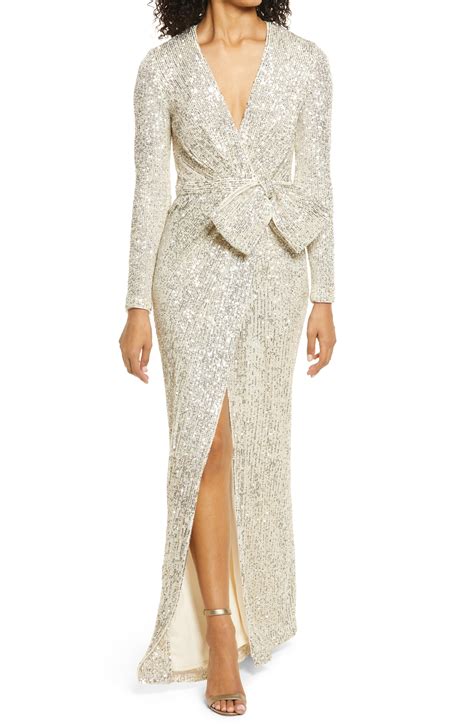 Eliza J Sequin Wrap Front Long Sleeve Gown In Silver Metallic Lyst