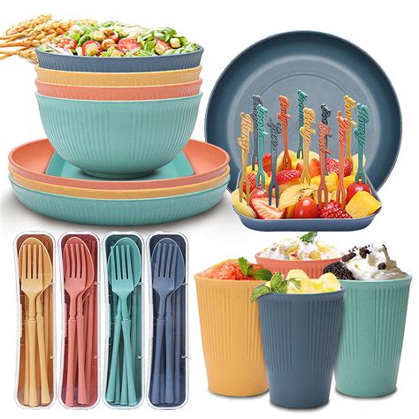 Haokaini Wheat Straw Dinnerware Sets 48pcs Lightweight And Unbreakable Dinnerware Set Reusable