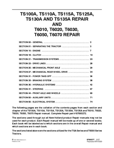 New Holland Ts100a Ts110a Ts115a Ts125a Ts130a Ts135a T6010 T6020 T6030