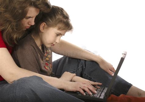 Mother With Daughter Work At Computer Stock Image Image Of Love