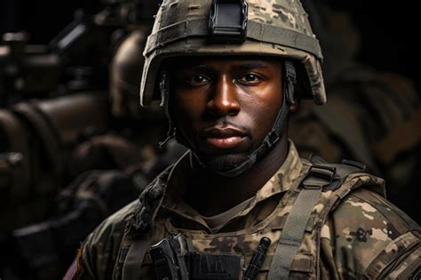 Premium Ai Image Soldier Portrait Face Black African Man Wearing