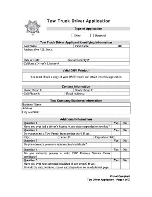 Fillable Online Ci Campbell Ca Tow Truck Driver Application Campbell