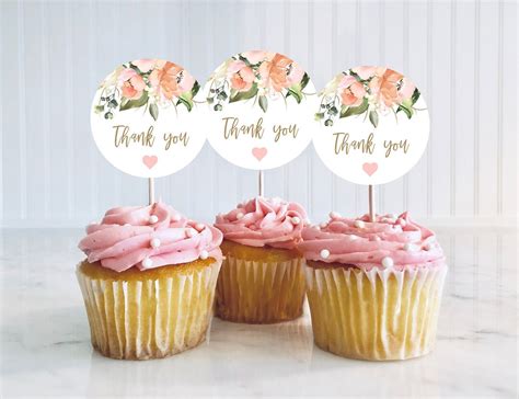 Printable Thank You Cupcake Toppers Sticker Pink Floral Cake