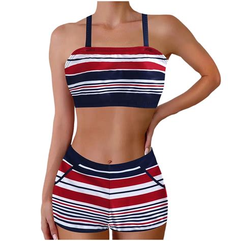 ZQGJB Women 2 Piece Bikini Set 2025 Summer Boho Color Block Trim Sporty Swimsuit Spaghetti Strap