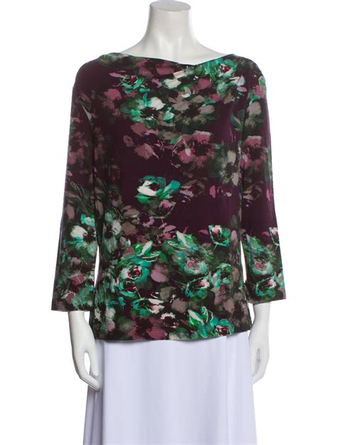 St John Floral Print Bateau Neckline Blouse Purple Tops Clothing