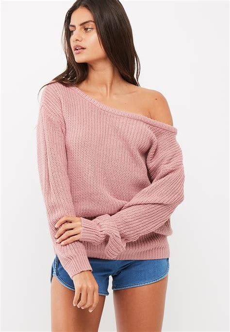 Off Shoulder Knitted Jumper Pink Missguided Knitwear