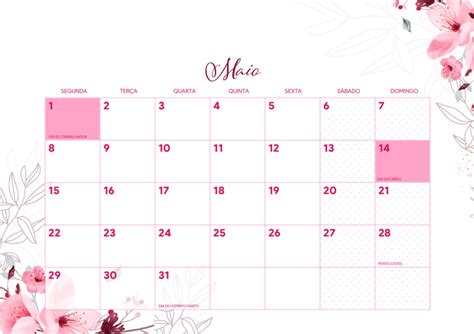 Calendario Floral Rosa Maio Fazendo A Nossa Festa