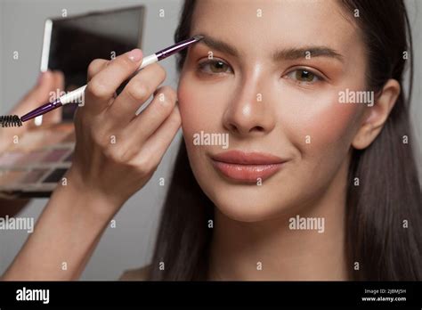 Makeup Artist Applies Brown Color Shadow To A Eyebrow Of Brunette Woman Make Up Concept Stock