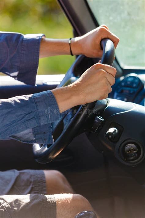 Man Hands On Steering Wheel Driving Car Stock Photo Image Of Drive