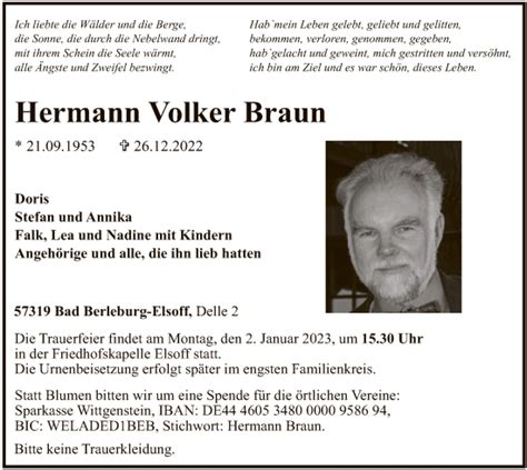 Traueranzeigen Von Hermann Volker Braun Trauer HNA De