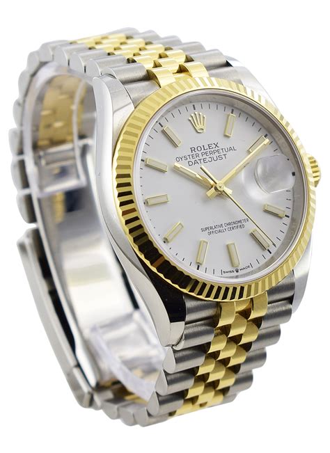 126233 Used White Index Rolex Datejust 36mm 2 Tone SS YG With Jubilee