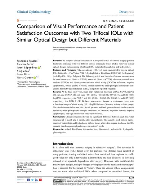 Pdf Comparison Of Visual Performance And Patient Satisfaction