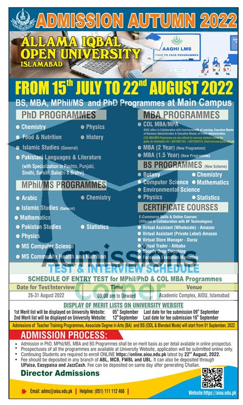 Allama Iqbal Open University Admissions Autumn 2022