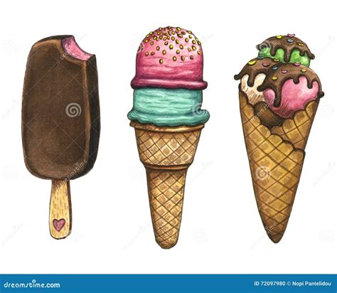 Ice Cream Watercolor Hand Painted Illustrations Stock Illustration