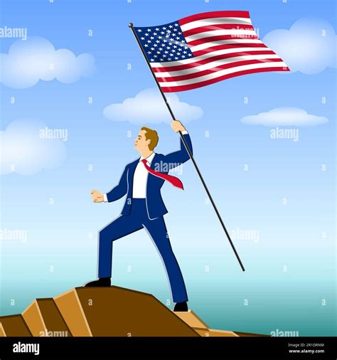 Vector Illustration Of A Businessman Standing On Top Of A Cliff Holding