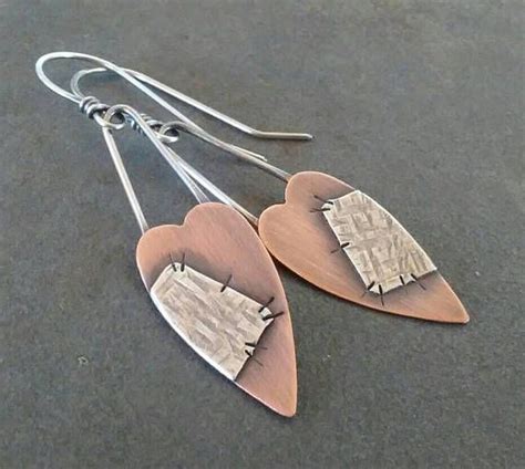 Rustic Handmade Ooak Mixed Metal Patchwork Sterling Silver Copper Artisan Heart Earrings