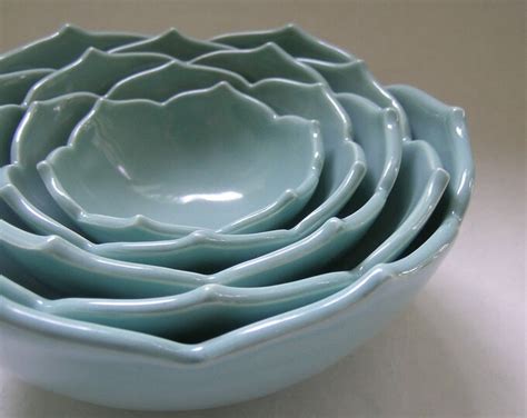 Five Ceramic Nesting Lotus Bowls In Robin Egg Blue Etsy