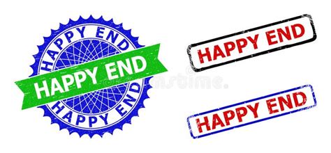 Happy End Rosette And Rectangle Bicolor Stamp Seals With Grunged