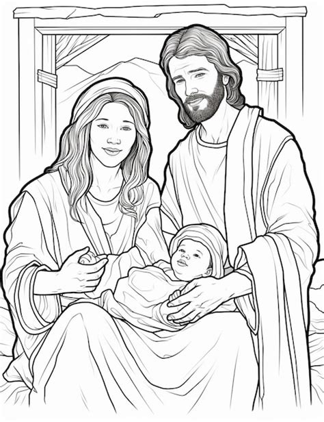 Uma página para colorir de jesus e maria segurando um bebê jesus