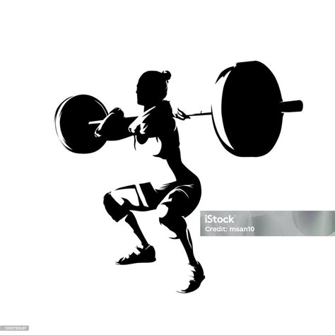 Squats Woman Lifts Big Barbell Isolated Vector Silhouette Ink Drawing