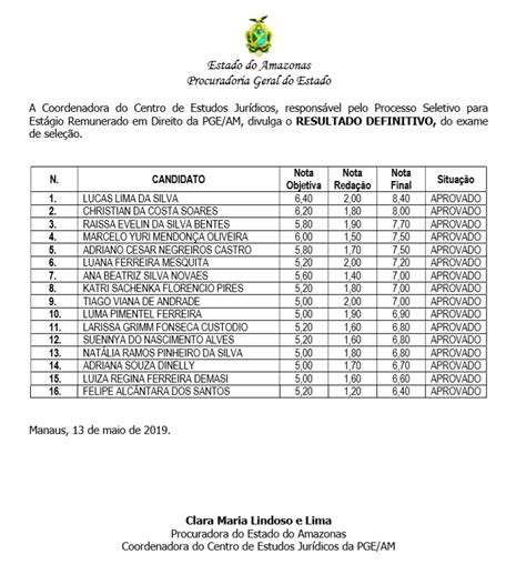 Pge Am Divulga Resultado Final Do Processo Seletivo Para Estágio Na