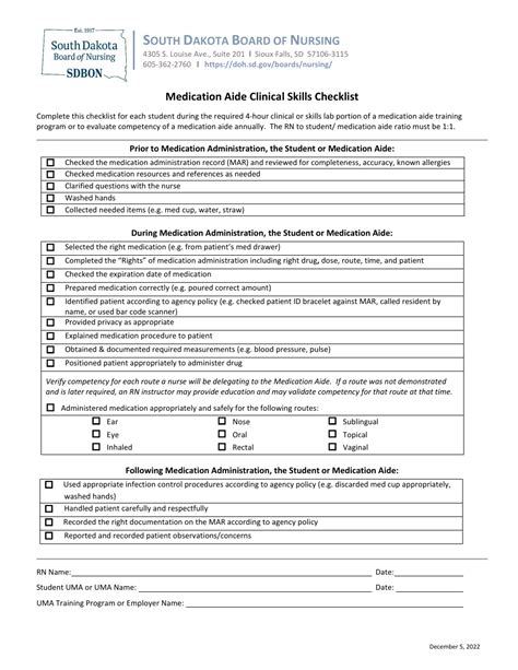 South Dakota Medication Aide Clinical Skills Checklist Fill Out Sign