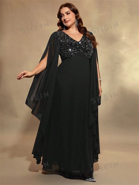 SHEIN LUNE Plus Size V Neck Chiffon Evening Gown With Glittering Accent