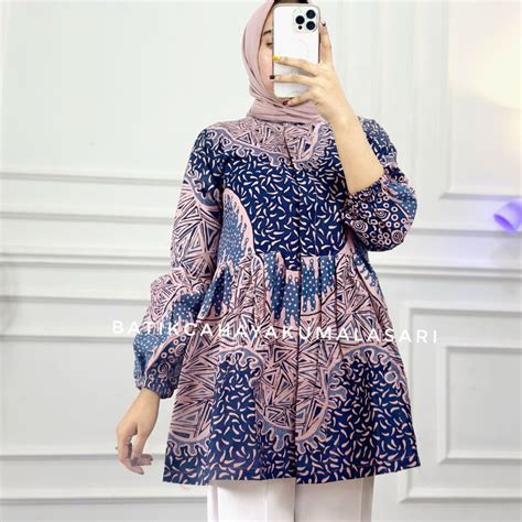 Jual Blouse Batik Wanita Lengan Balon Motif MEDINA BIRU Bahan Katun