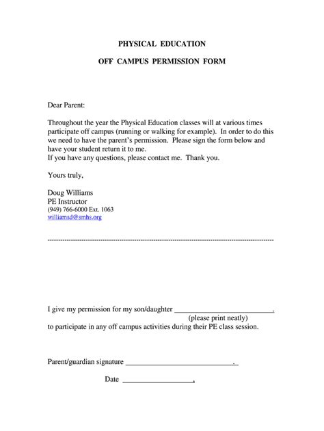 Fillable Online PHYSICAL EDUCATION OFF CAMPUS PERMISSION FORM Fax Email