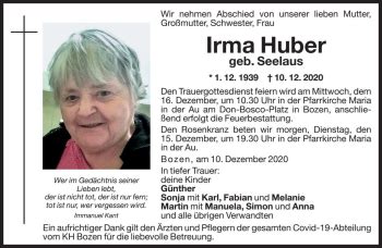 Traueranzeigen Von Irma Huber Trauer Bz