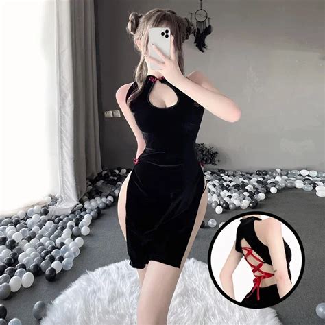 Sexy Lingerie Cosplay Costume Cheongsam High Split Dress Uniform Black Hollow Out Chinese Style