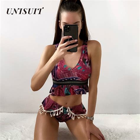 Unisuit Graphic Print Tassel Ruffle Bikini Swimsuit Polyester High Waist Skinny Push Up Cup