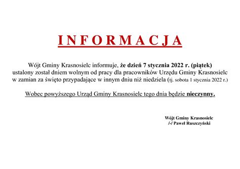 INFORMACJA O Dniu Wolnym Od Pracy 07 01 2022r