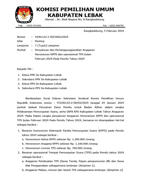 43 Surat Edaran Sekretaris Kpu Lebak Penyaluran Dana Kpps Pdf