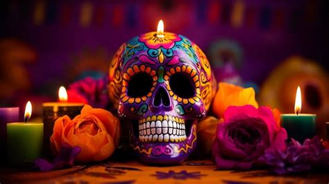 Premium Photo | Flowers and a skull of dia de los muertos